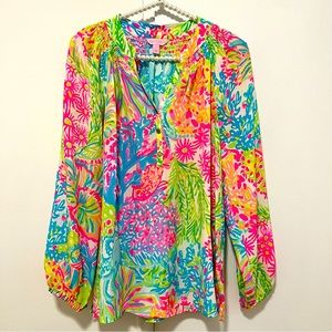 Lilly Pulitzer Mulitcolor Elsa Coral and ocean print blouse size S